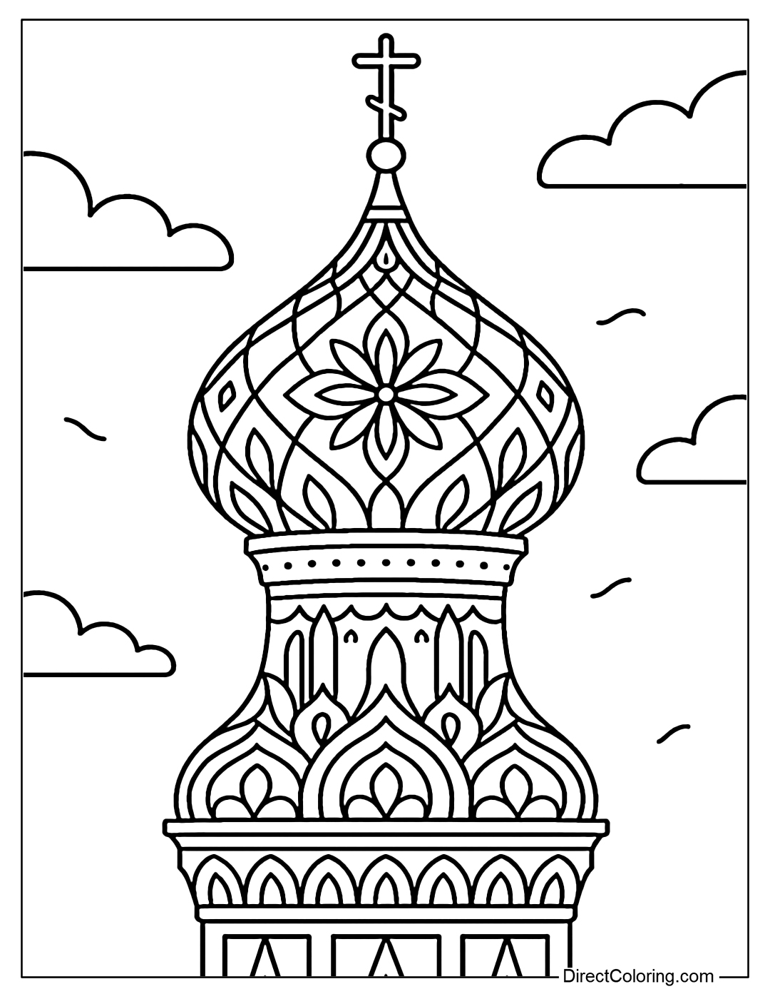 St. Basil's Cathedral's onion domes with detailed symmetrical patterns coloring page.